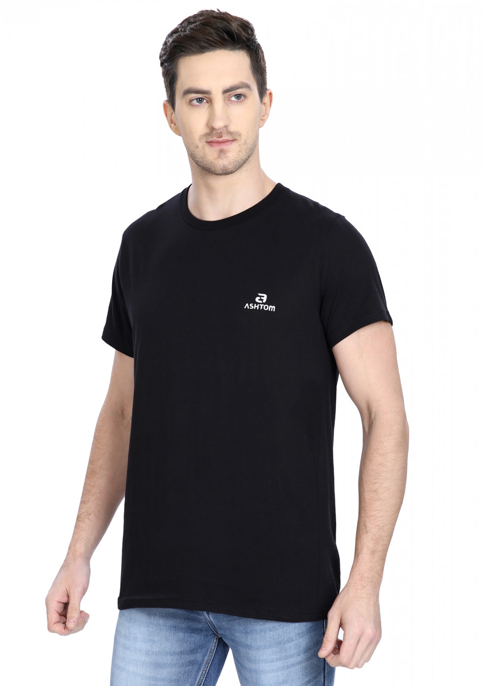 Black Cotton  Round Neck T Shirt For Men