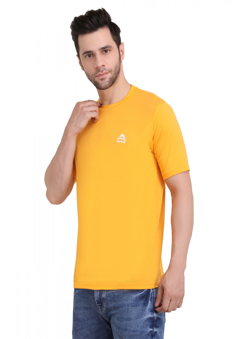 Yellow Slim Fit Cotton Round Neck T Shirt For Men