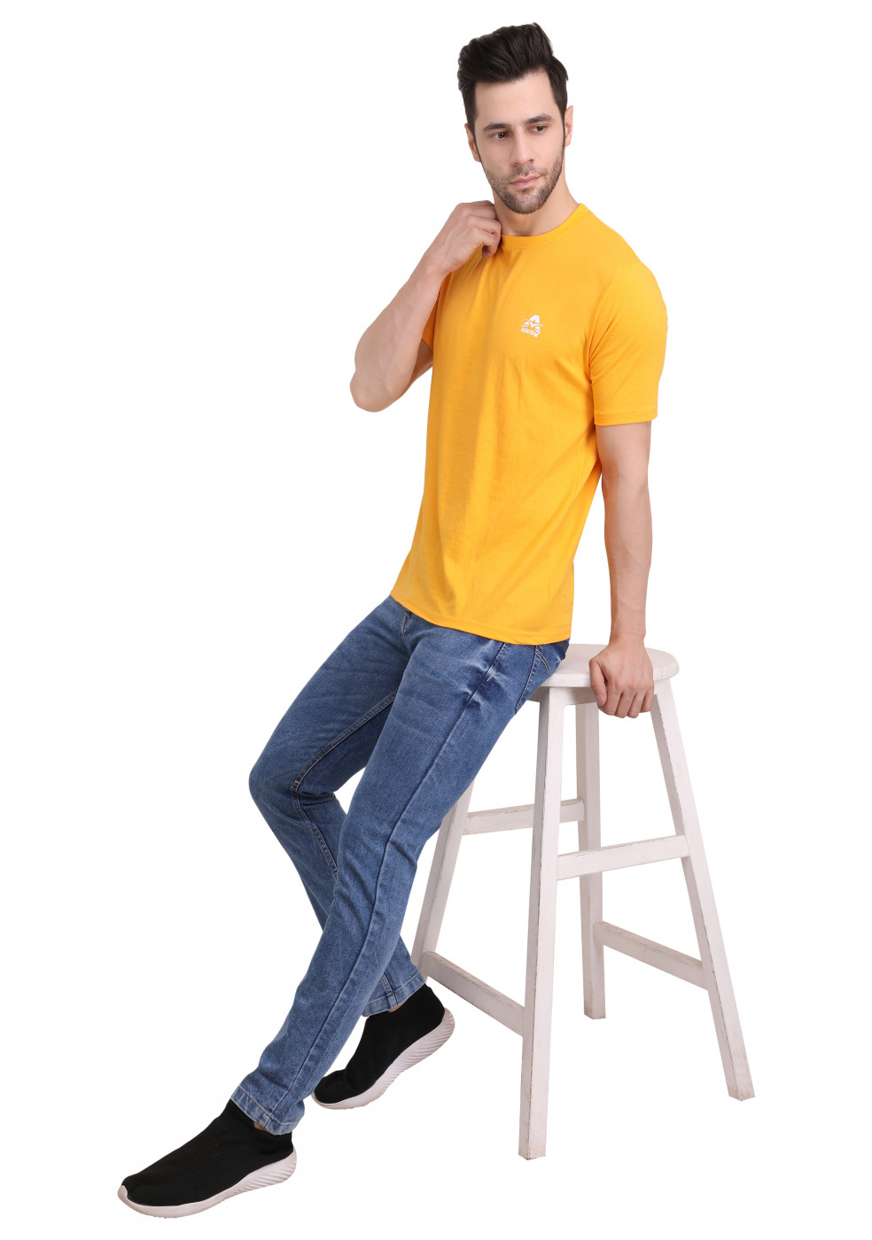 Yellow Slim Fit Cotton Round Neck T Shirt For Men
