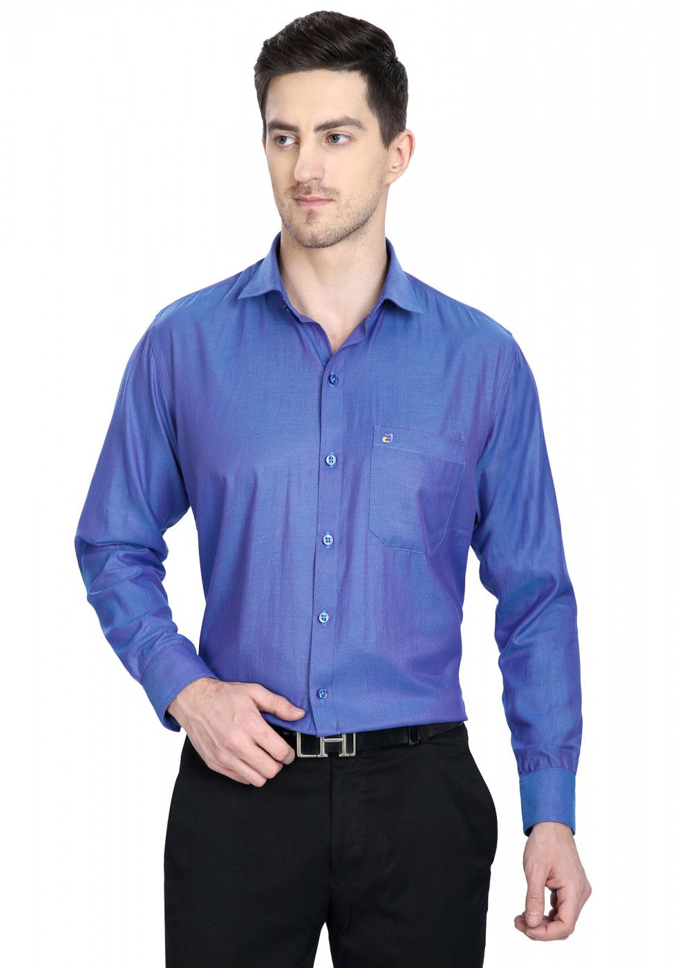 Blue Plain Cotton Shirt For Men