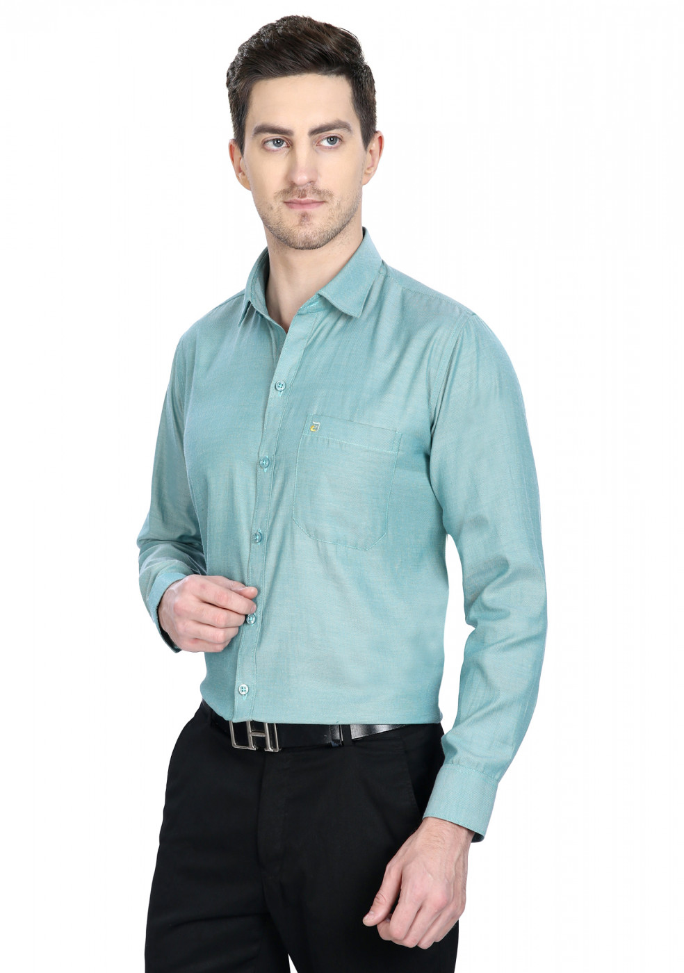 Ocean Green Plain Cotton Shirt For Men
