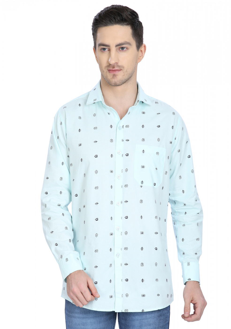 Turquoise Blue Cotton Print Shirt For Men