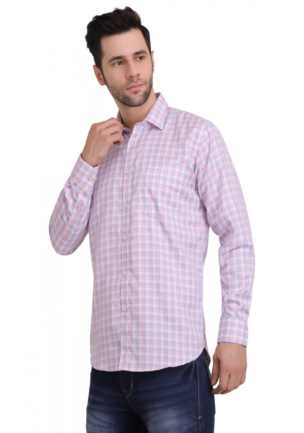 Light Colors Mens Formal Cotton Pink Check Shirt