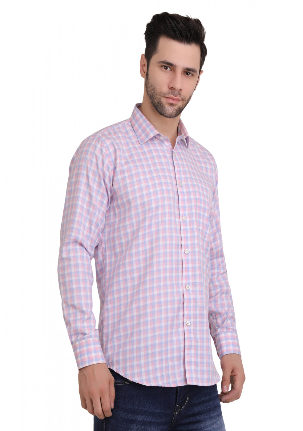 Light Colors Mens Formal Cotton Pink Check Shirt