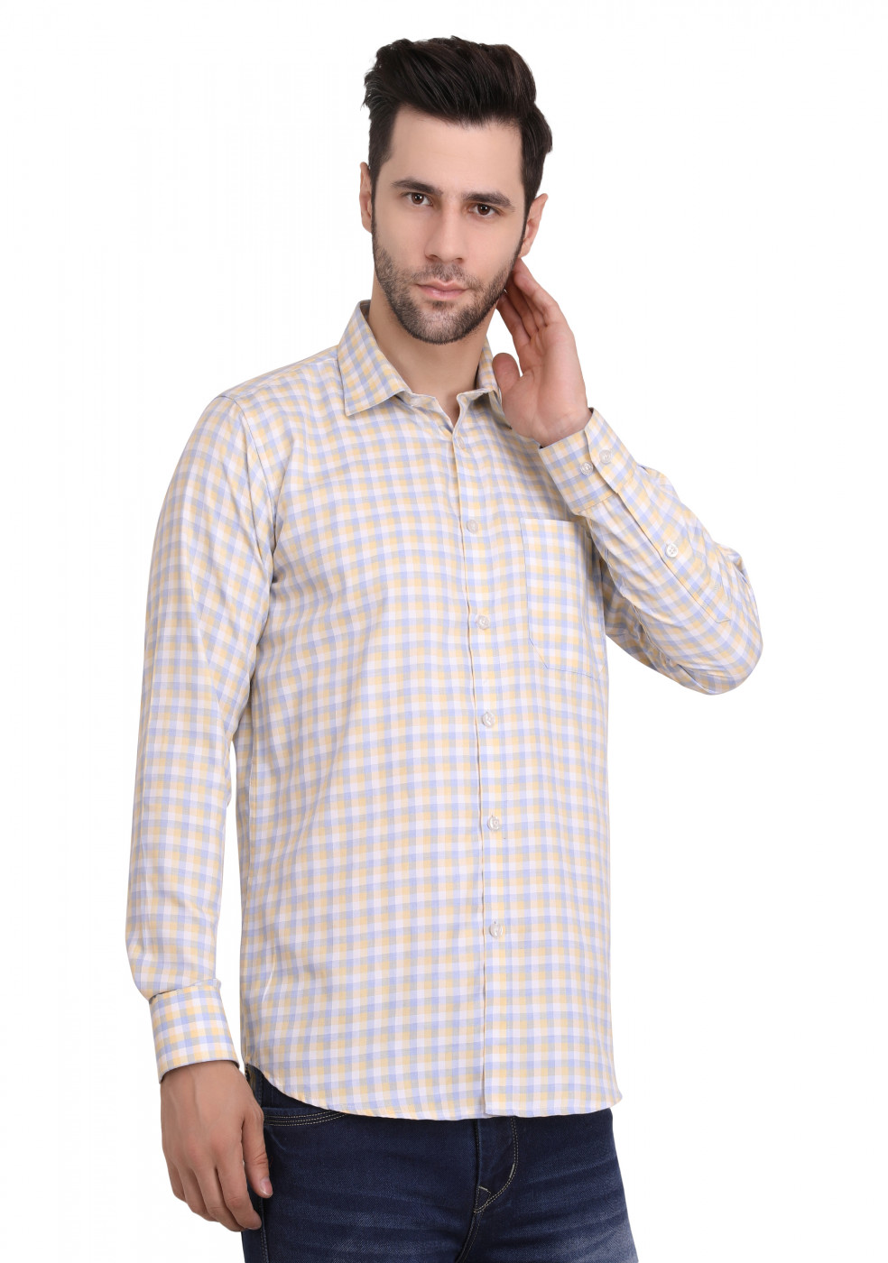 Light Color Formal Cotton Yellow Check Shirt For Men