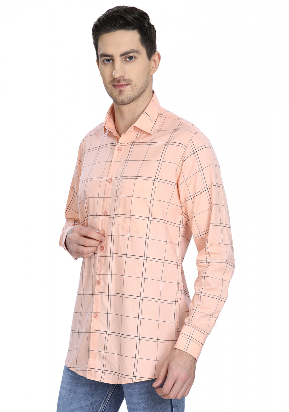 Peach Color Big Check Cotton Shirt For Men