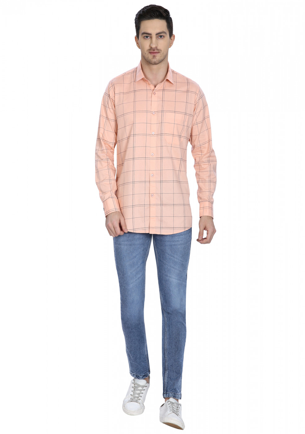Peach Color Big Check Cotton Shirt For Men
