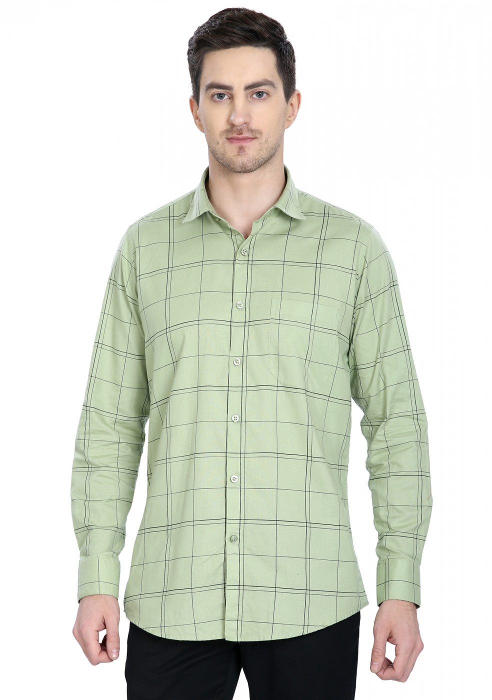 Light Green Color Big Check Cotton Shirt For Men