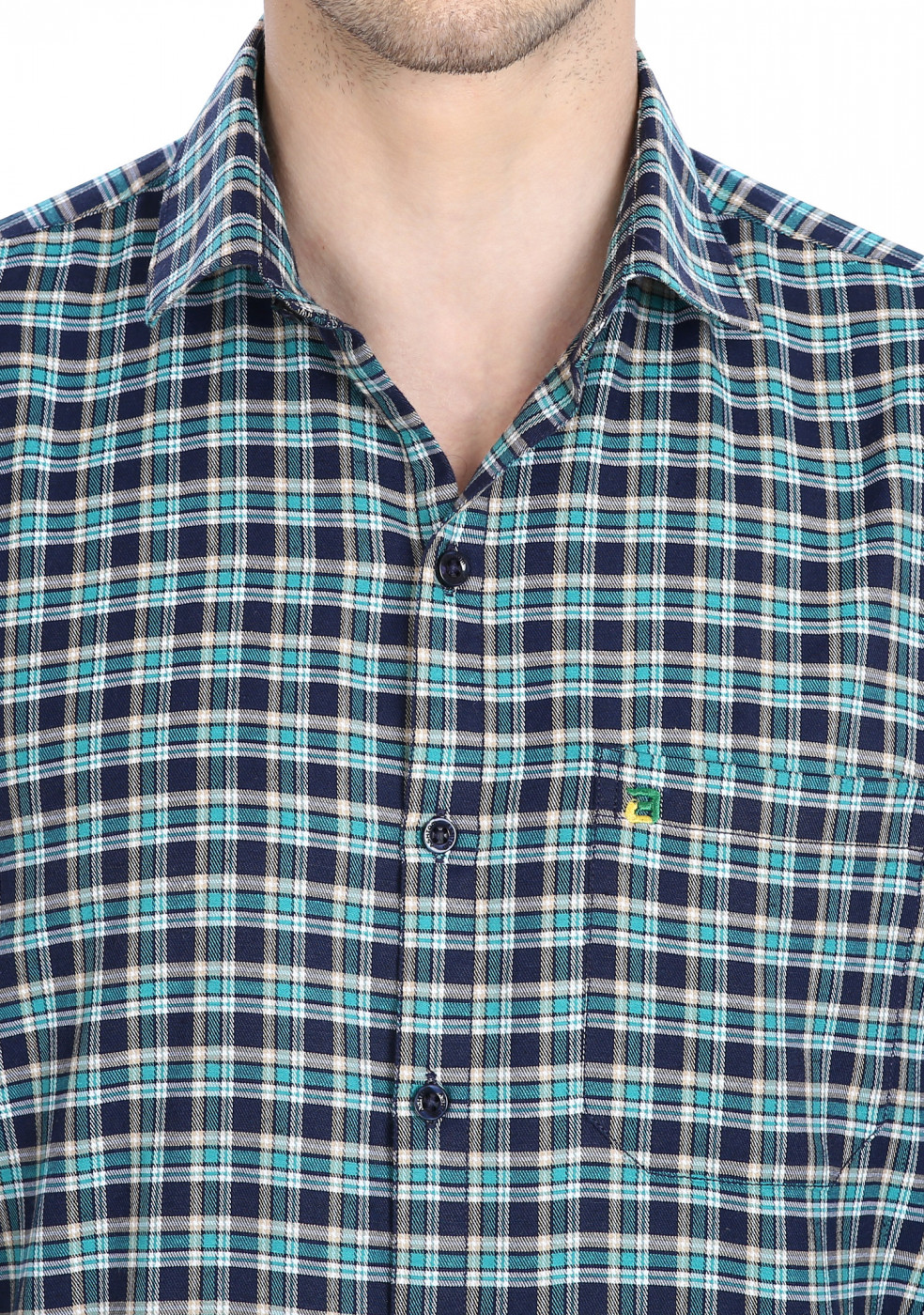 Green Blue Swiss Cotton Check Shirt For Men
