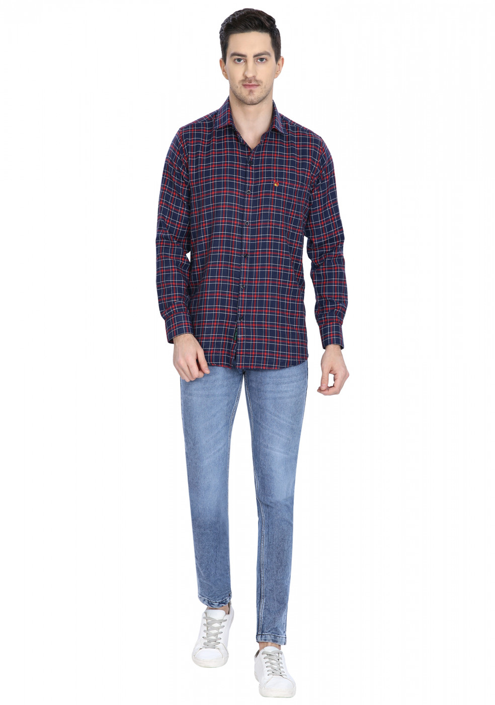 Red Blue Cotton Check Shirt For Men