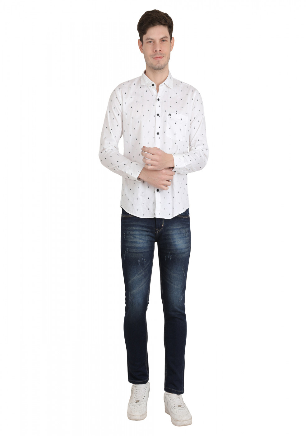 White Stylish Cotton Print Shirt For Men