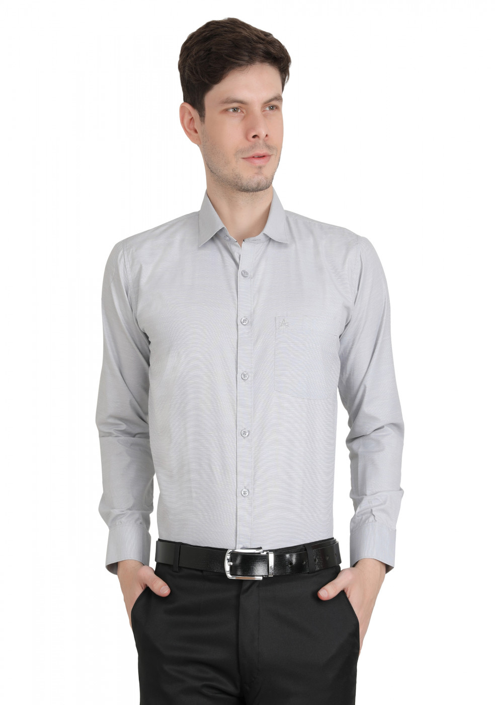 Light Gray Plain PC Mix Cotton Shirt For Men