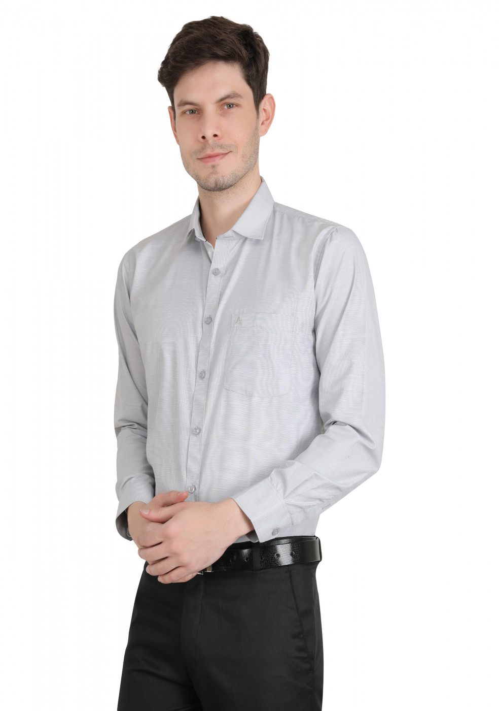 Light Gray Plain PC Mix Cotton Shirt For Men