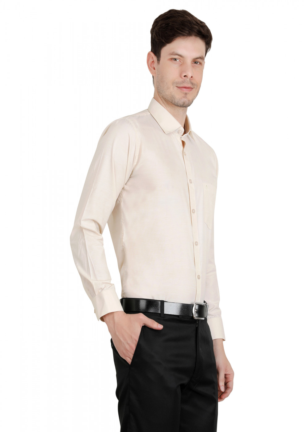 Cream Plain PC Mix Cotton Shirt For Men