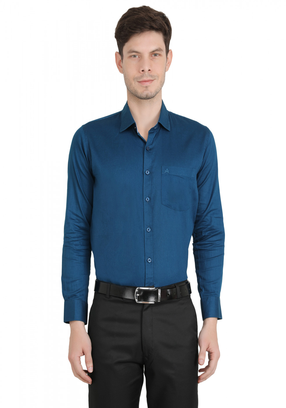 Blue Plain Formal Cotton Shirt For Men
