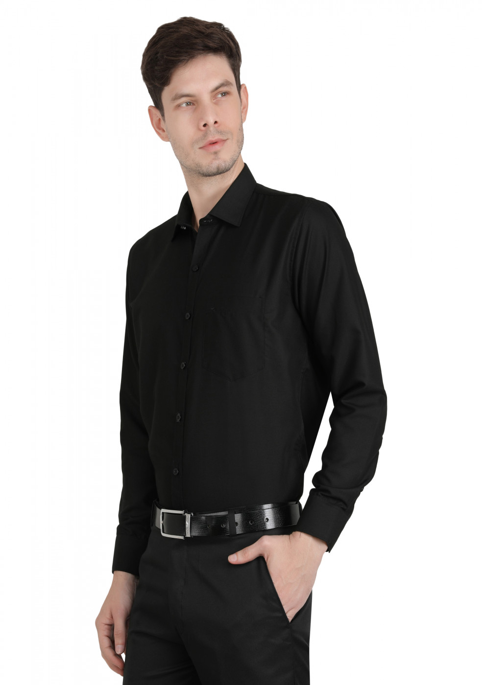 Black Plain PC Mix Cotton Shirt For Men