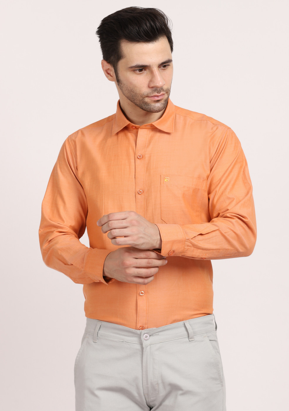 ASHTOM Orange Plain Cotton Shirt For Men Regular Fit