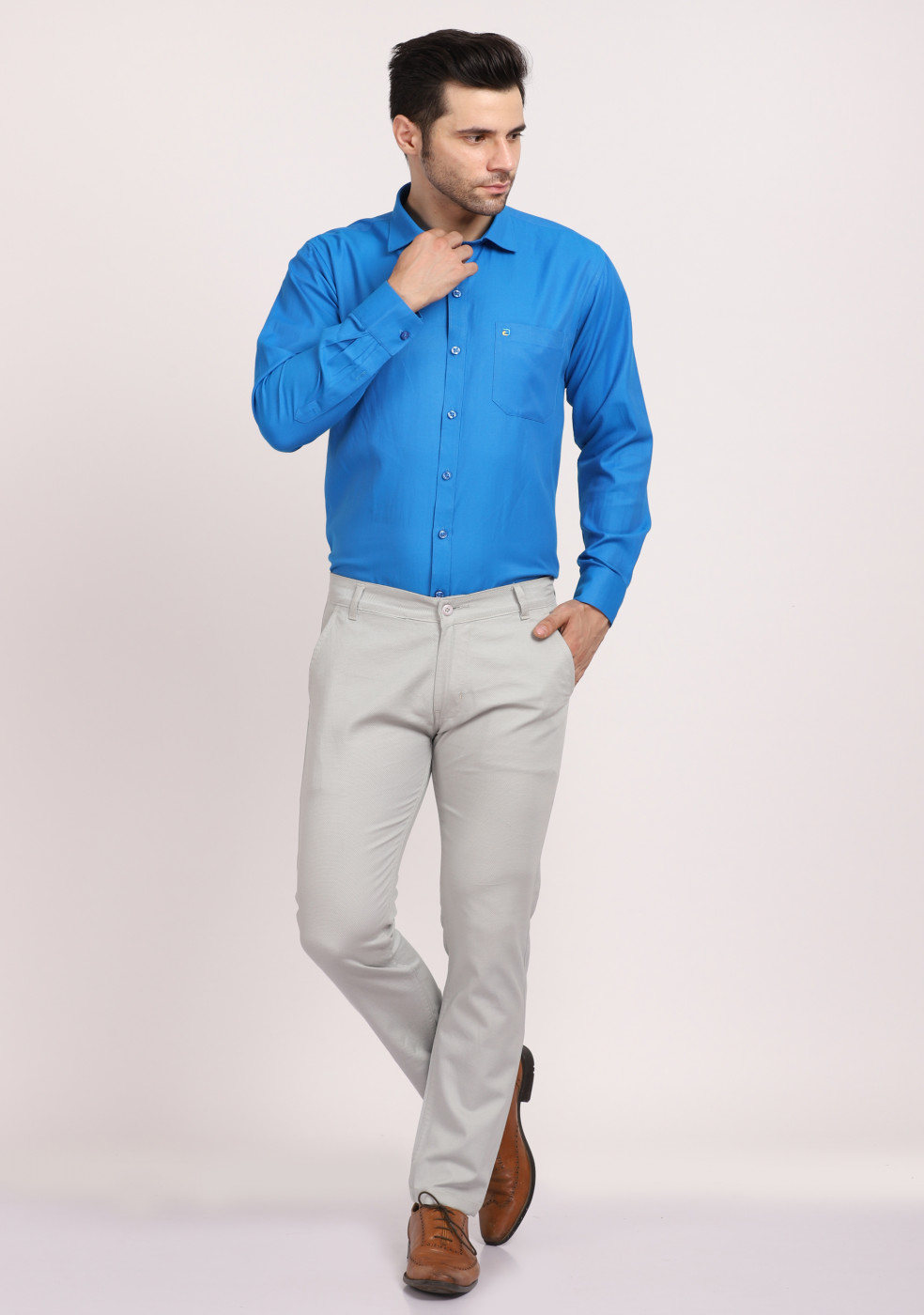 ASHTOM Blue Plain Cotton Shirt For Men Regular Fit