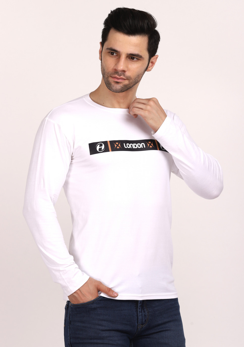 HUKH Full Sleeve White  Color Slim Fit T Shirt Round Neck Cotton Lycra  for Men