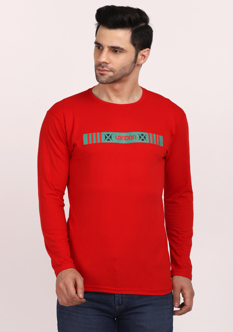 HUKH Red Cotton Lycra T Shirt Full Sleeve Round Neck For Men