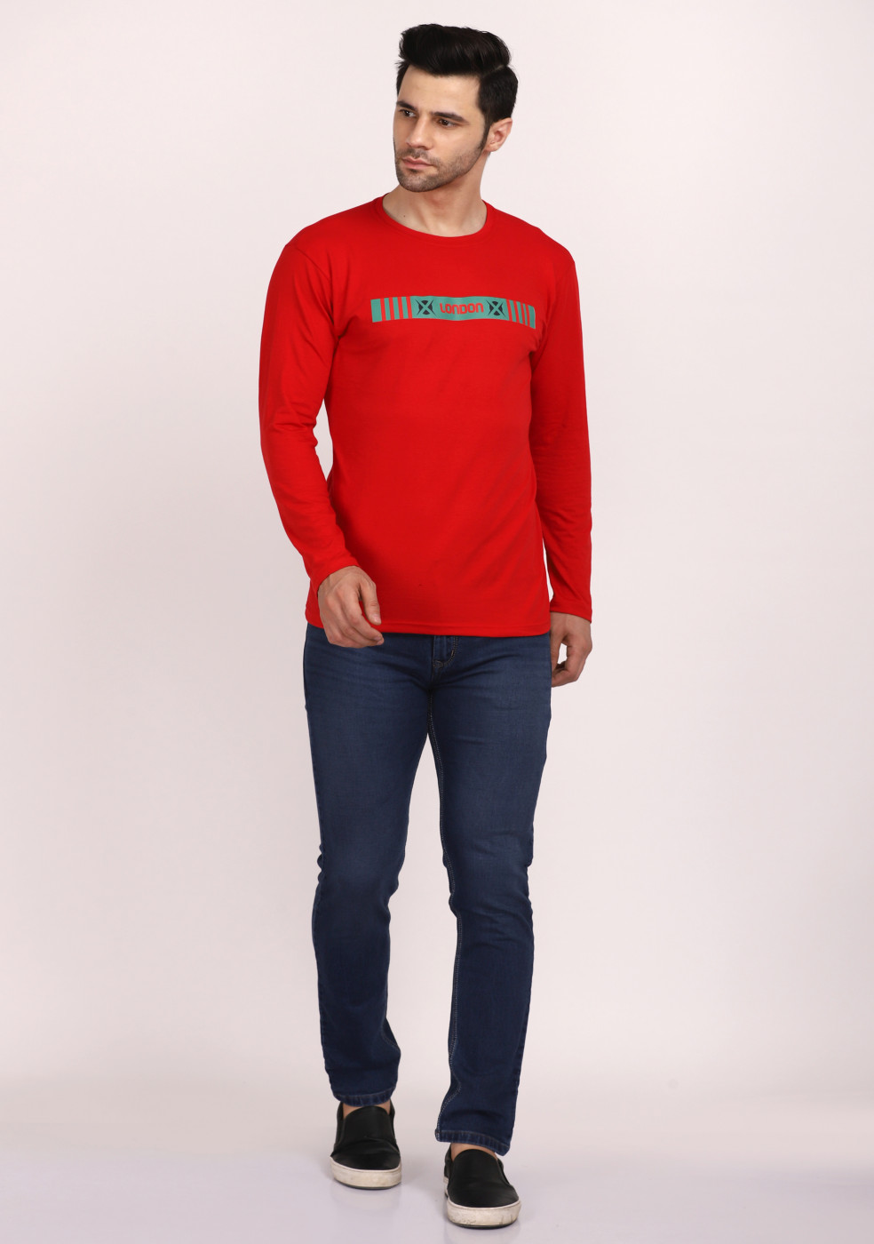 HUKH Red Slim Fit Cotton Lycra T Shirt Full Sleeve Round Neck For Men