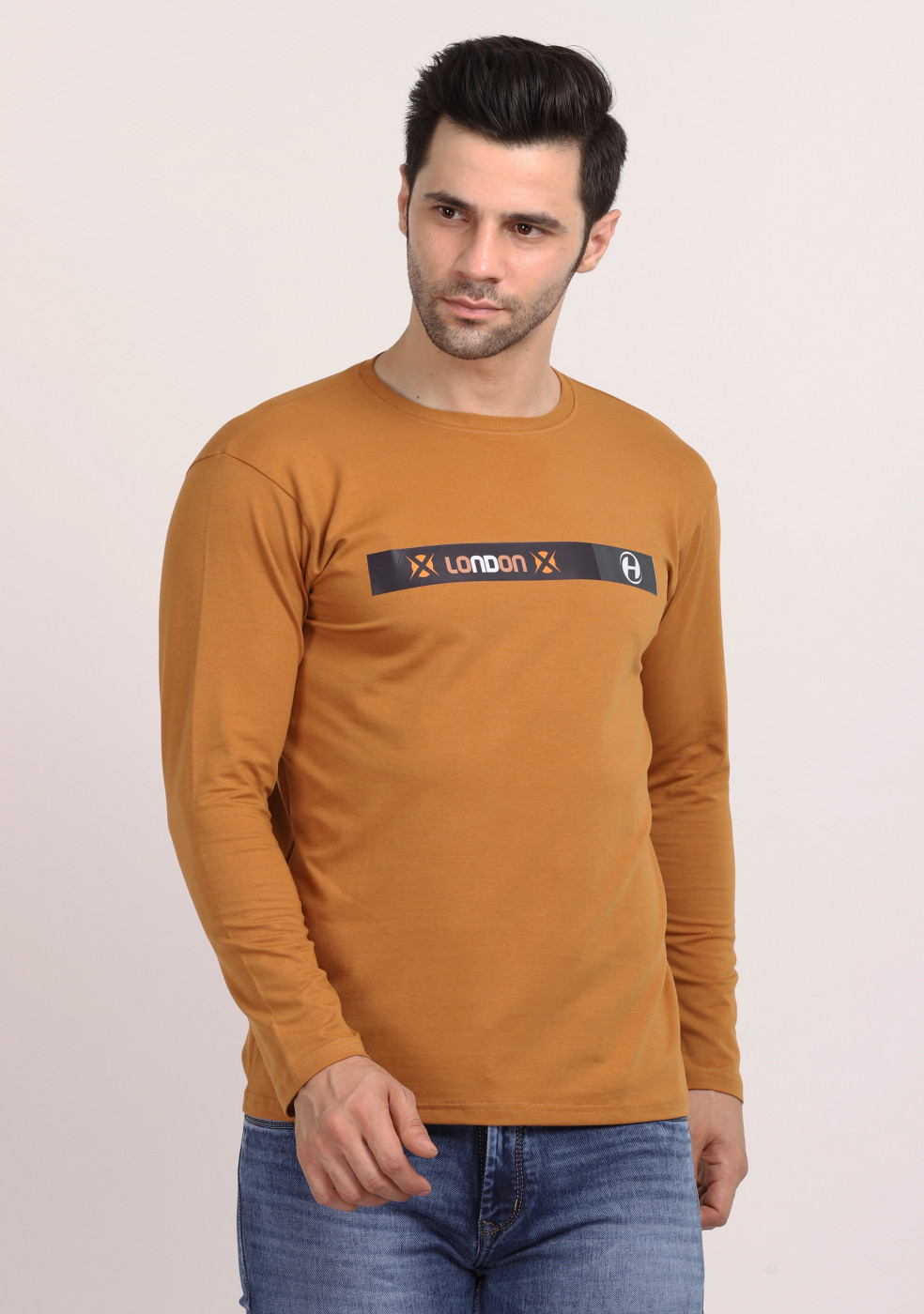 HUKH Full Sleeve Mustard Slim Fit T Shirt Cotton Lycra Fabric for Men