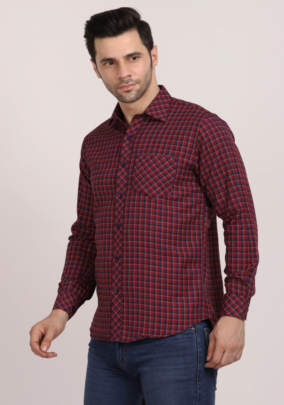 ASHTOM Red Blue Regular Fit Cotton Shirt For Men