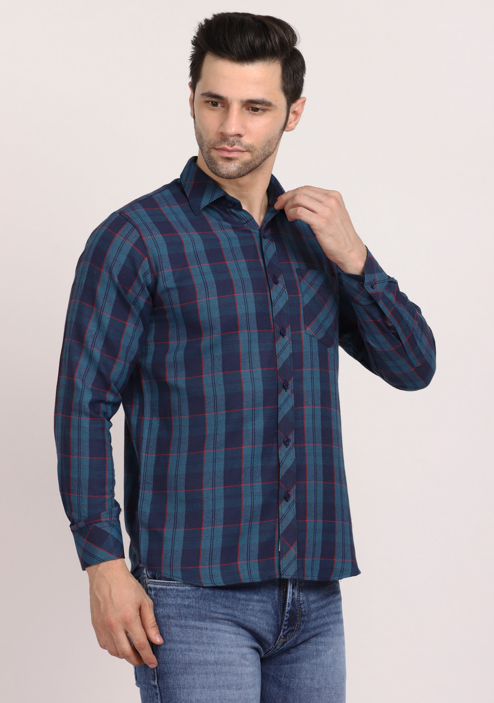 ASHTOM Sky Blue Check Regular Fit Cotton Shirt For Men