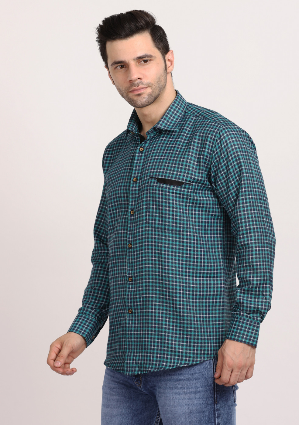 ASHTOM Light Green Small Check Regular Fit Cotton Shirt For Men