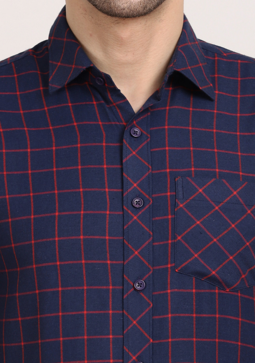 ASHTOM  Navy Red Mix Check Regular Fit Cotton Shirt For Men
