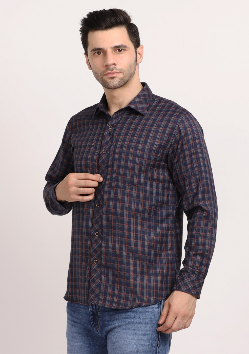 ASHTOM Navy Gray Line Check Shirt Regular Fit For Men