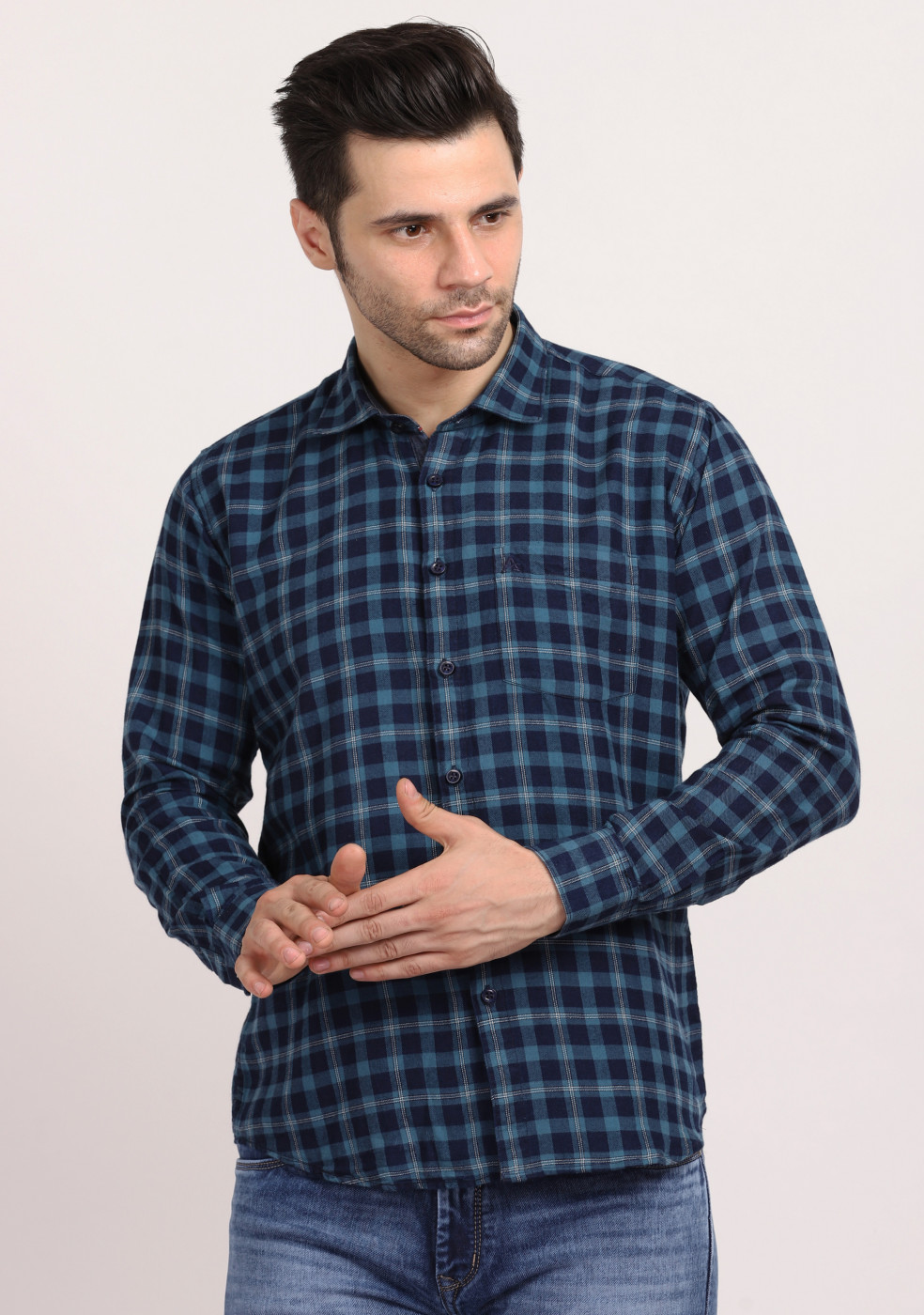 ASHTOM Turquoise Blue Check Regular Fit Cotton Shirt For Men