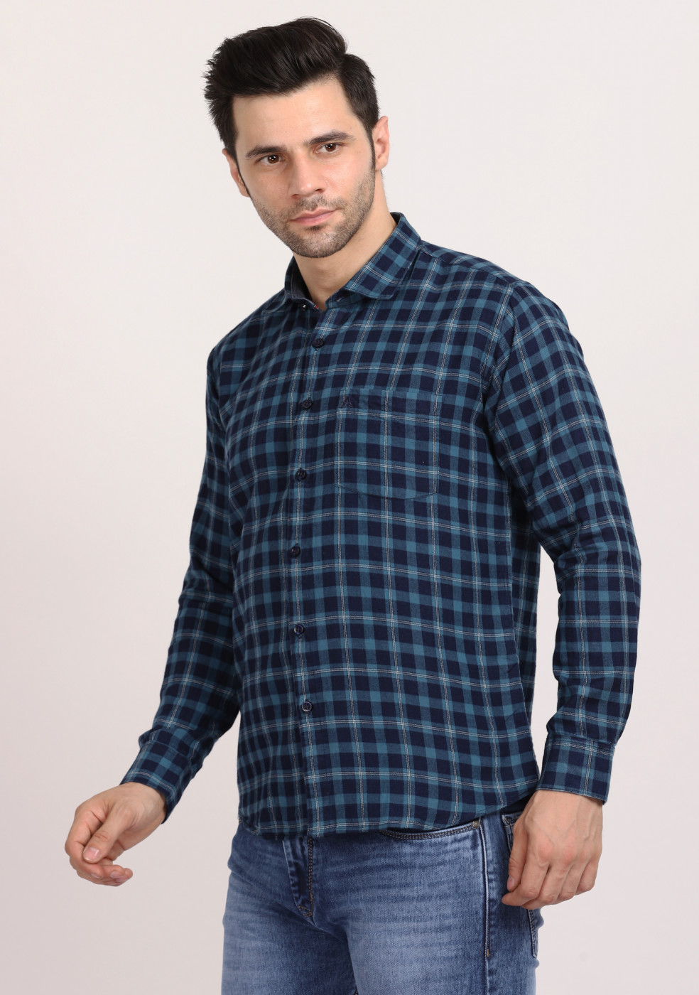ASHTOM Turquoise Blue Check Regular Fit Cotton Shirt For Men