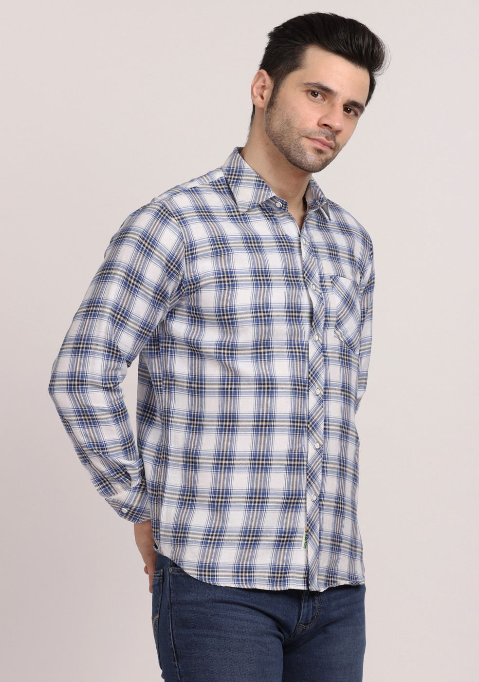 ASHTOM White Blue Big Mix Check Regular Fit Cotton Shirt For Men