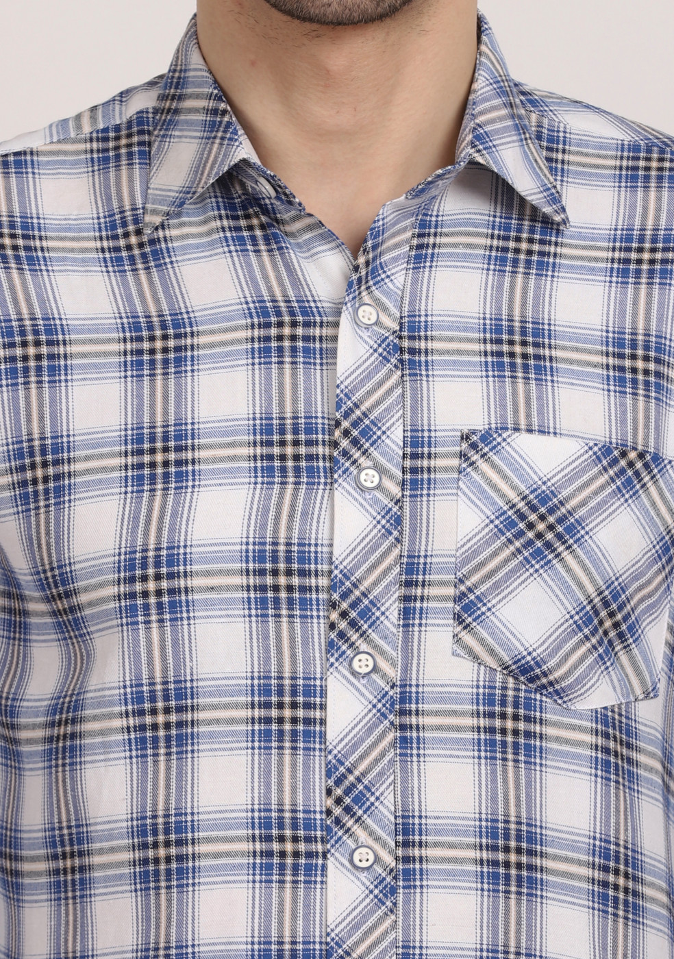 ASHTOM White Blue Big Mix Check Regular Fit Cotton Shirt For Men