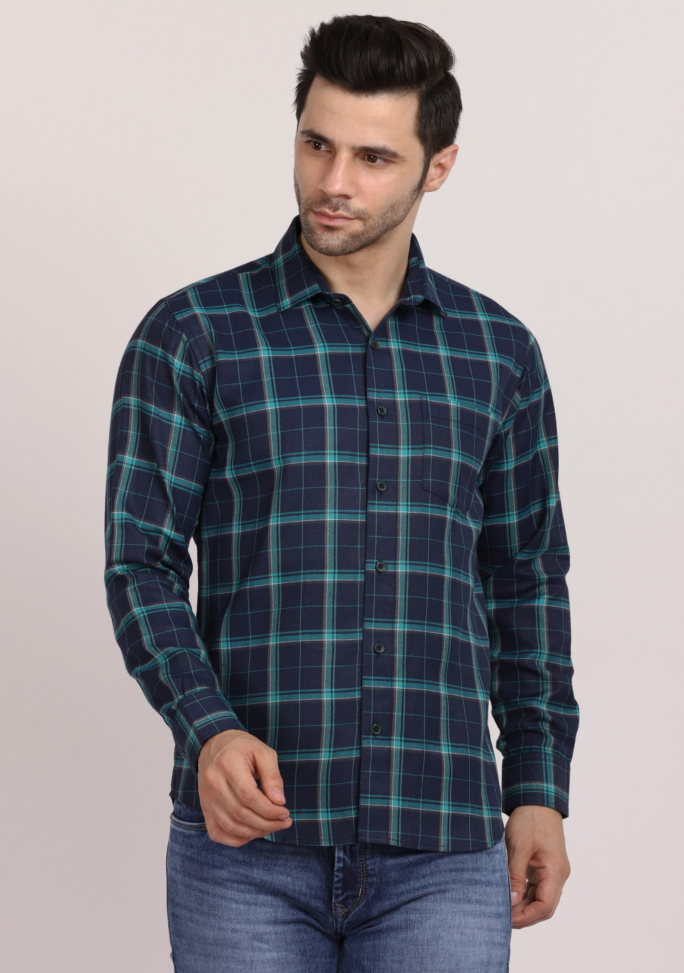 ASHTOM Navy Green Mix Check Regular Fit Cotton Shirt For Men