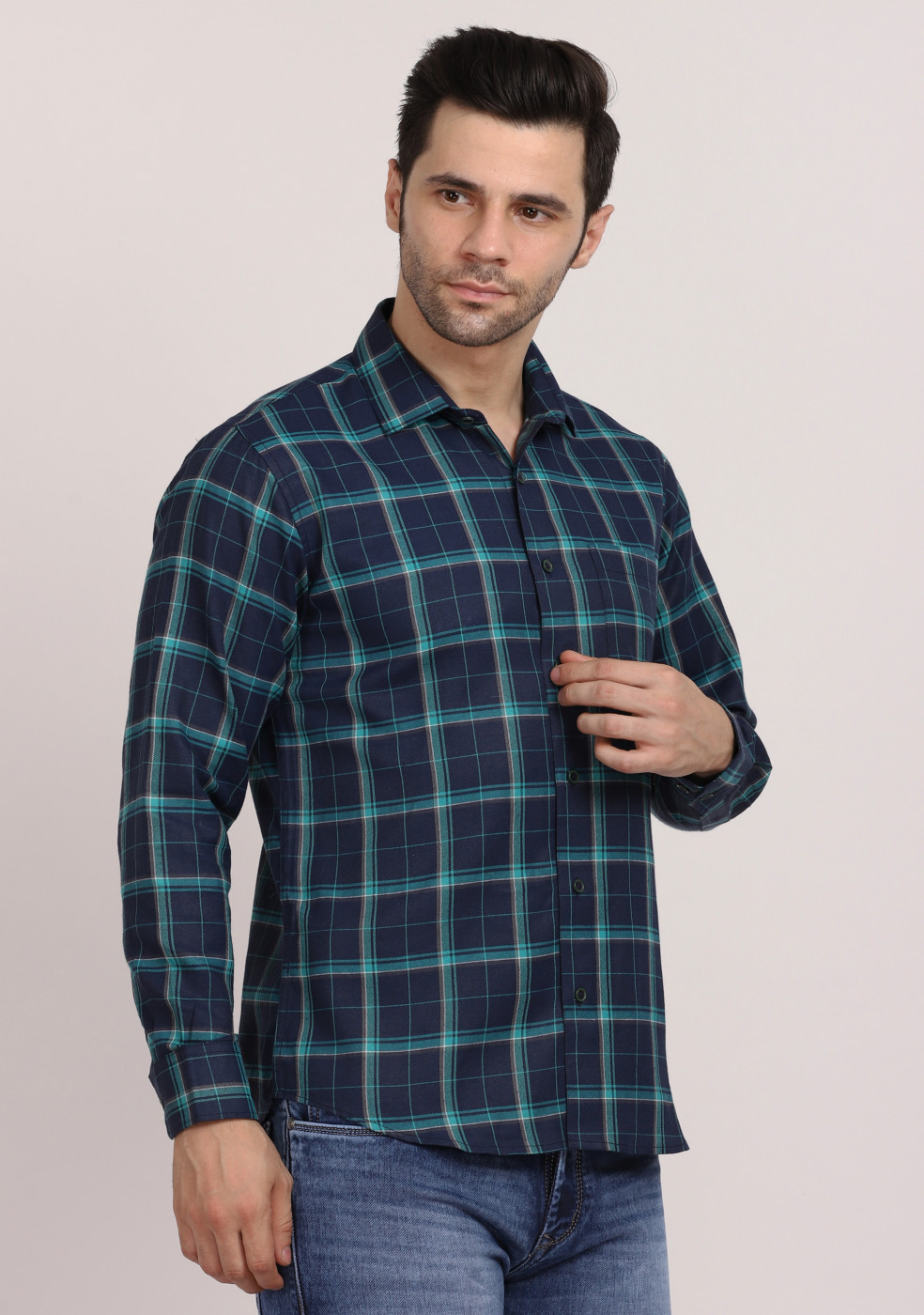 ASHTOM Navy Green Mix Check Regular Fit Cotton Shirt For Men