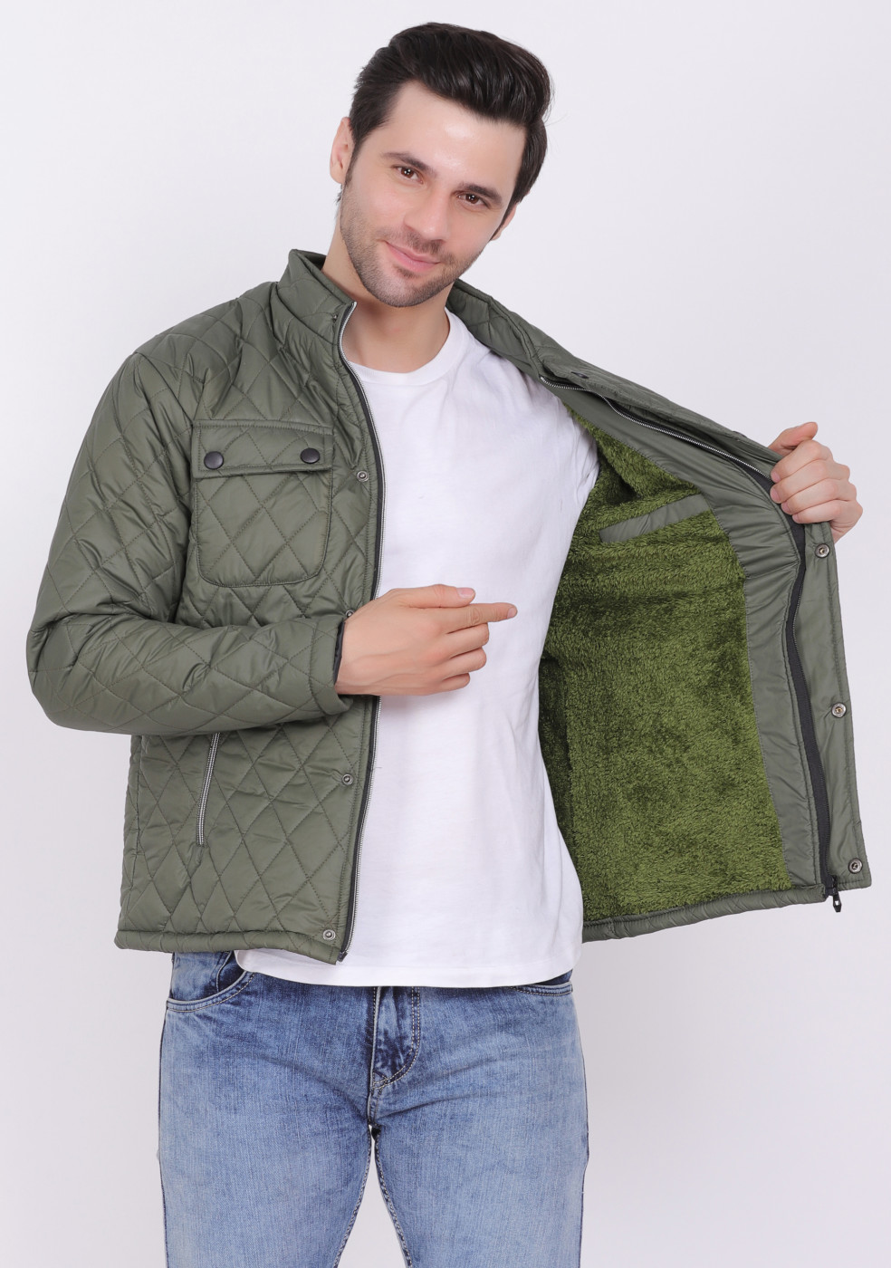 HUKH Men Olive Green Color Solid Bomber Jacket Full Sleeves