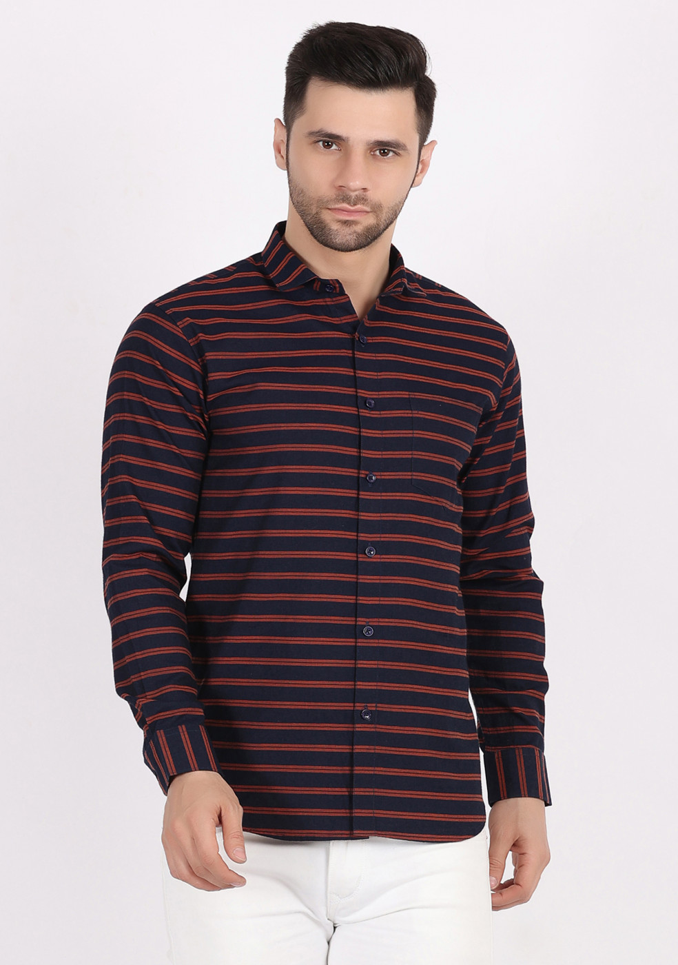 ASHTOM Men Navy & Orange Horizontal Striped Casual Shirt