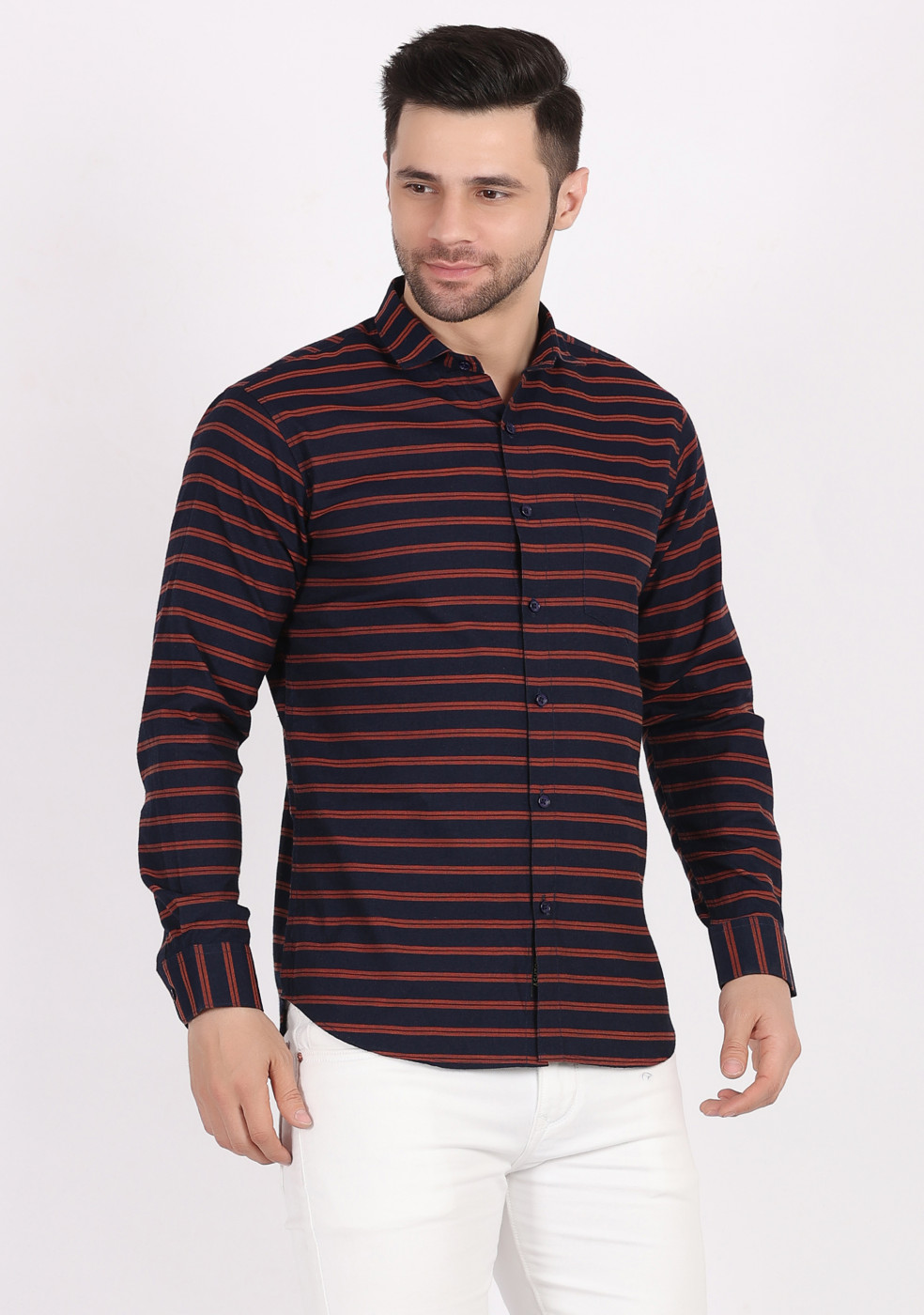 ASHTOM Men Navy & Orange Horizontal Striped Casual Shirt