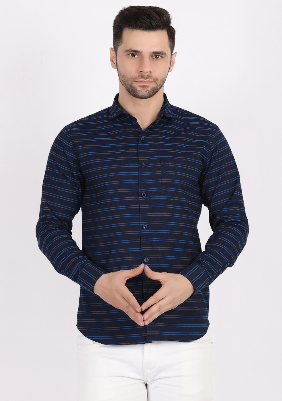 ASHTOM Men Navy & Blue Horizontal Striped Casual Shirt