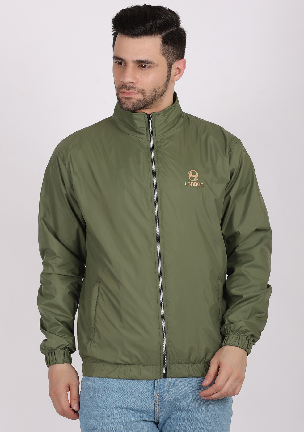 Men Olive Classic Fit Solid Windcheater Jacket