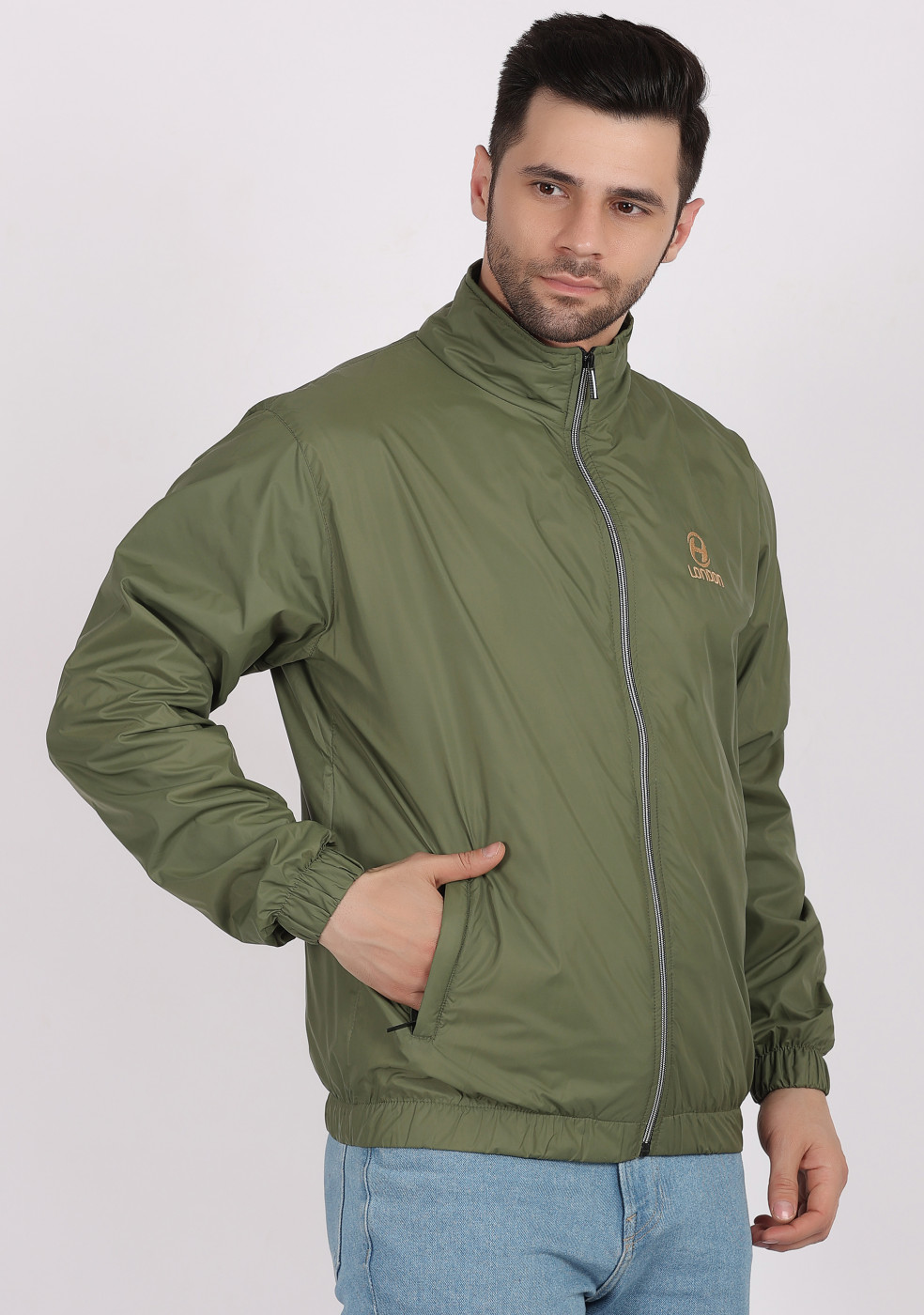 Men Olive Classic Fit Solid Windcheater Jacket