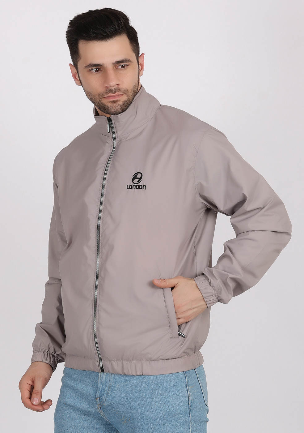 Men  Light Gray Classic Fit Solid Windcheater Jacket