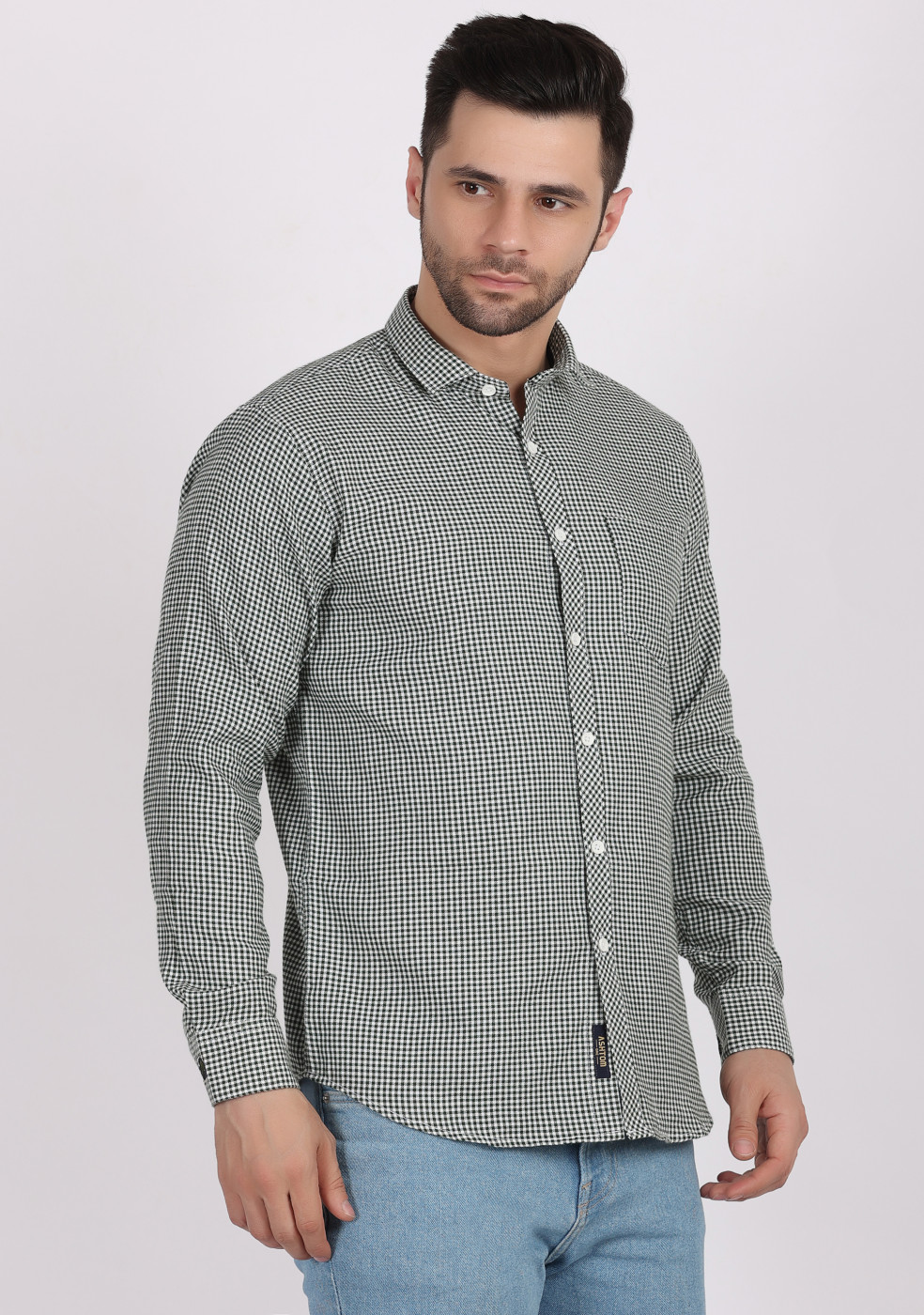 Buy online ASHTOM Olive Color Small Check Shirt For Men
