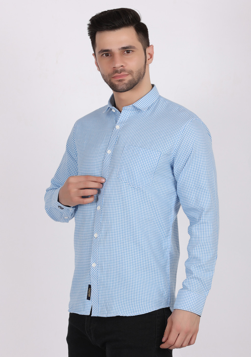 ASHTOM Sky Blue Color Small Check Shirt For Men