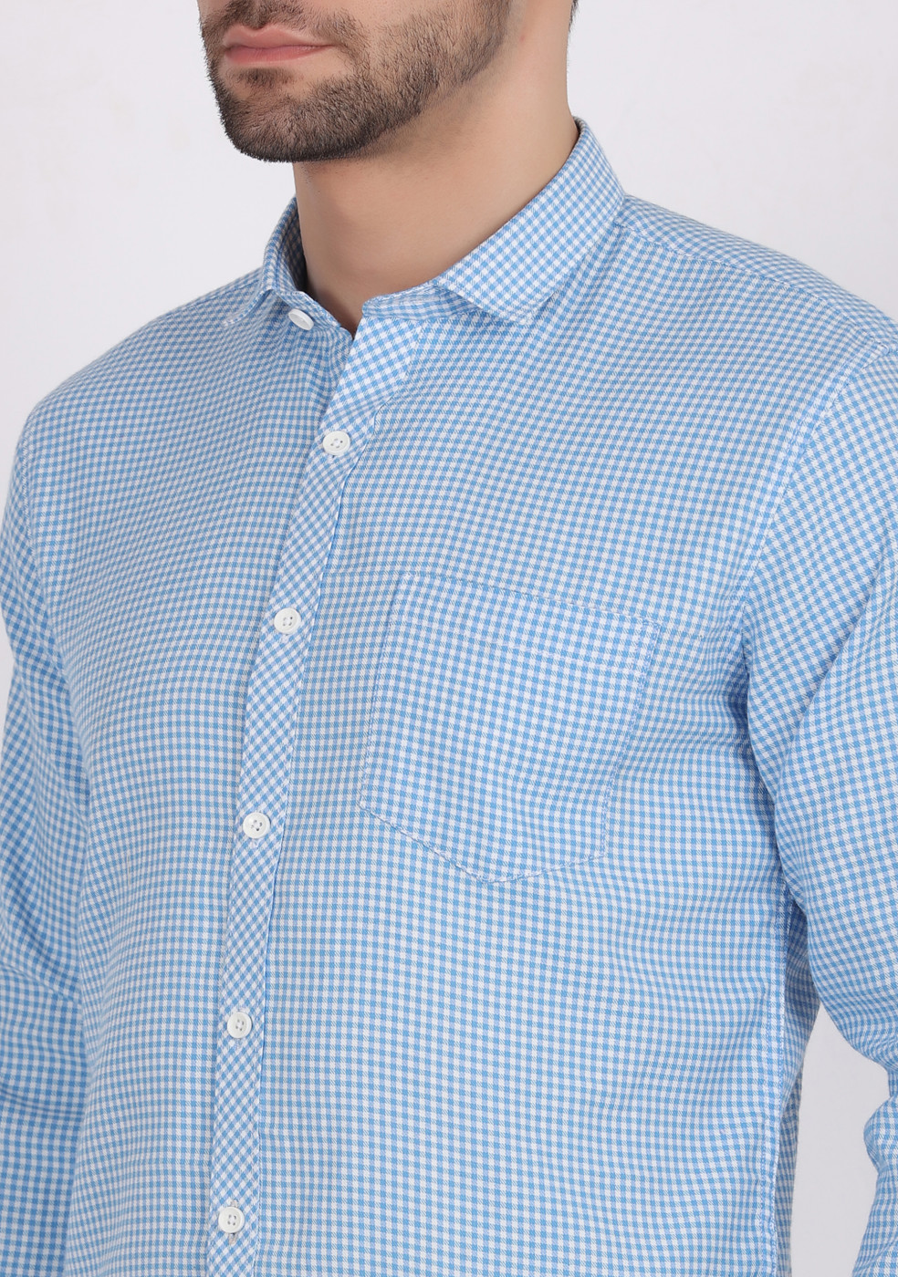 ASHTOM Sky Blue Color Small Check Shirt For Men