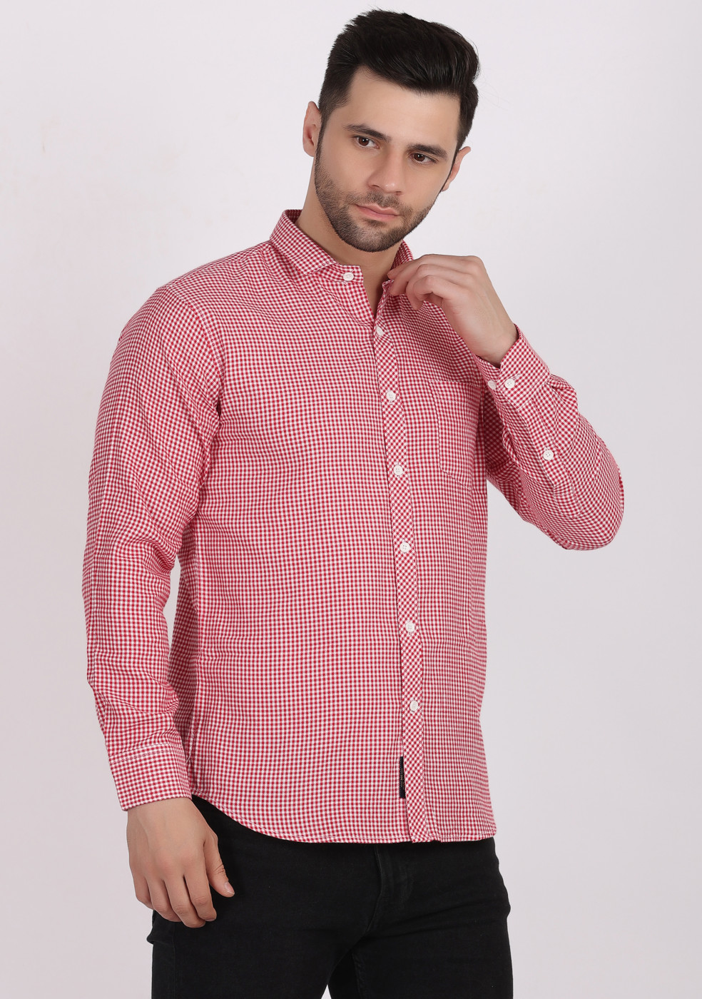 ASHTOM Red Color Small Check Shirt For Men