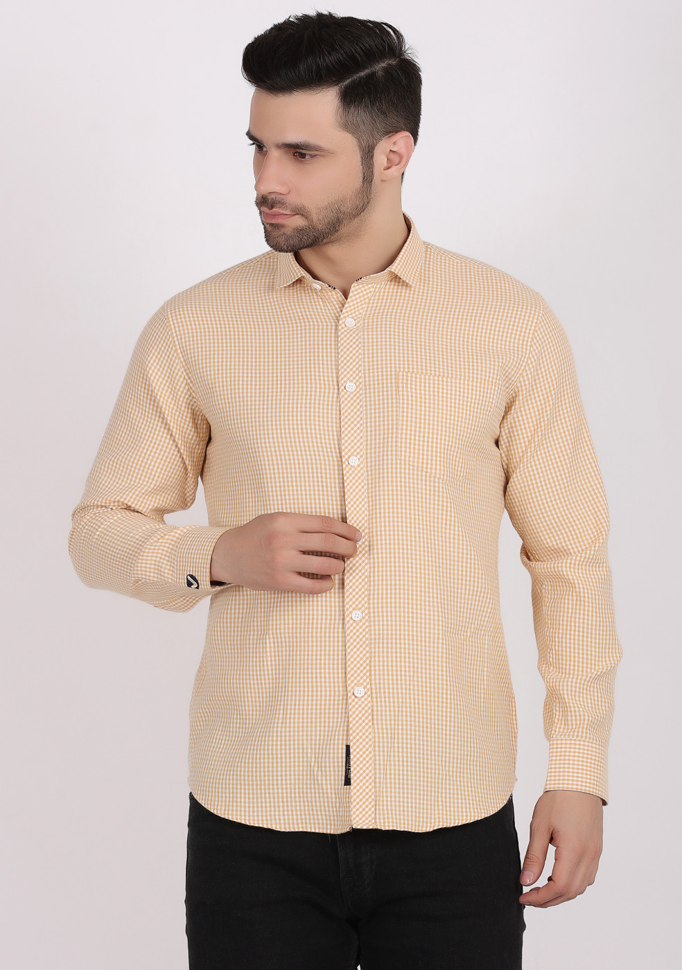 ASHTOM Mustard Color Small Check Shirt For Men