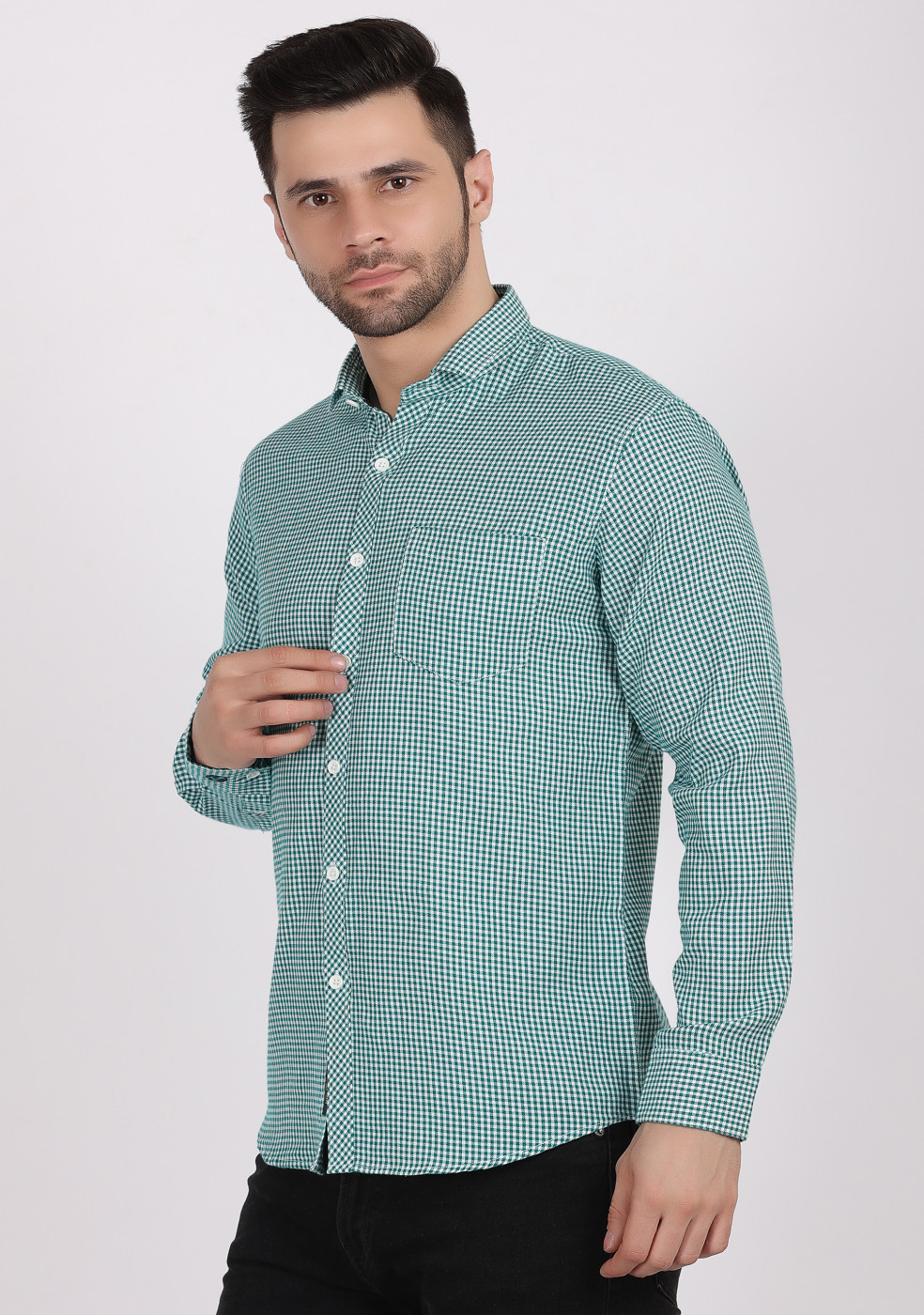 ASHTOM Green Color Small Check Shirt For Men